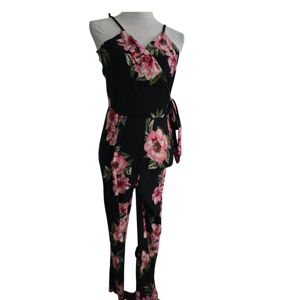 Derek Heart Womens Floral Wrap Jumpsuit Black‎ Pink Peony Sleeveless Size M